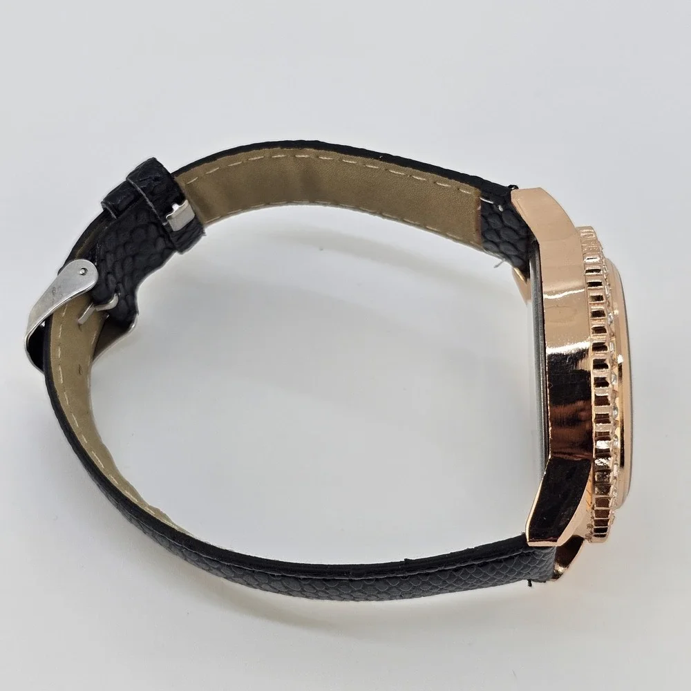 41MM Women Watch Cream Dial‎ Crystal Bezels Black Faux Leather Bands NEW Battery